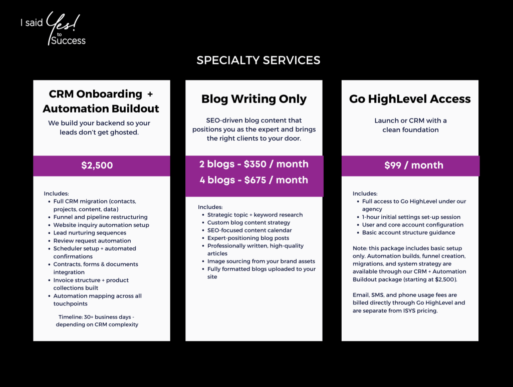 Specialty Services Pricing from I Said Yes! to Success